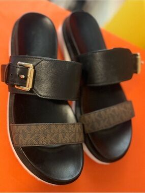 Michael Kors Black Slides with Brown MK Monogram Strap and Gold Buckle